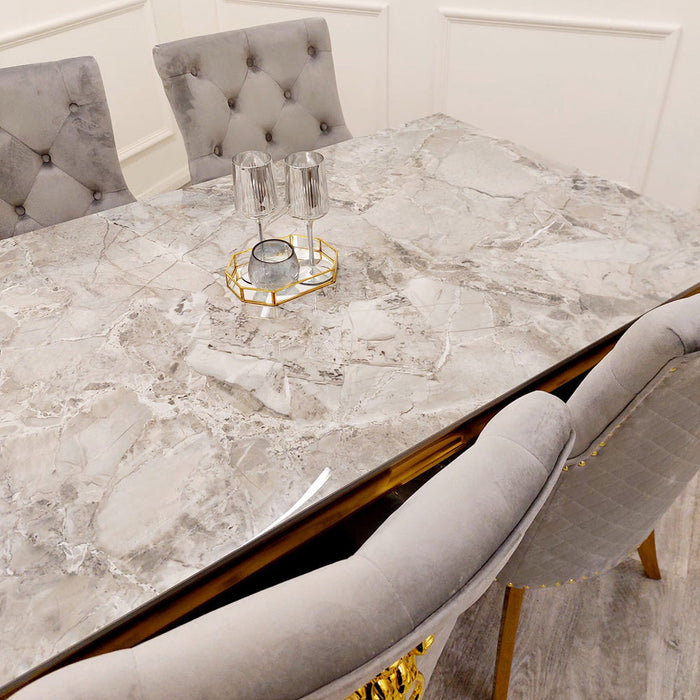 1.8M or 1.6m Gold Louis marble Top Dining Table With Fabric & gold Bentley Chairs