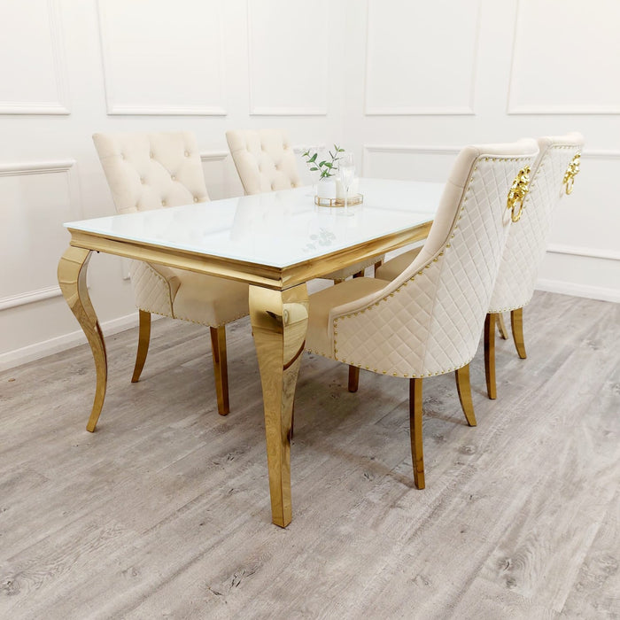 Gold Louis 2 Metre White Glass Top Dining Table with Cream and Gold Bentley Chairs
