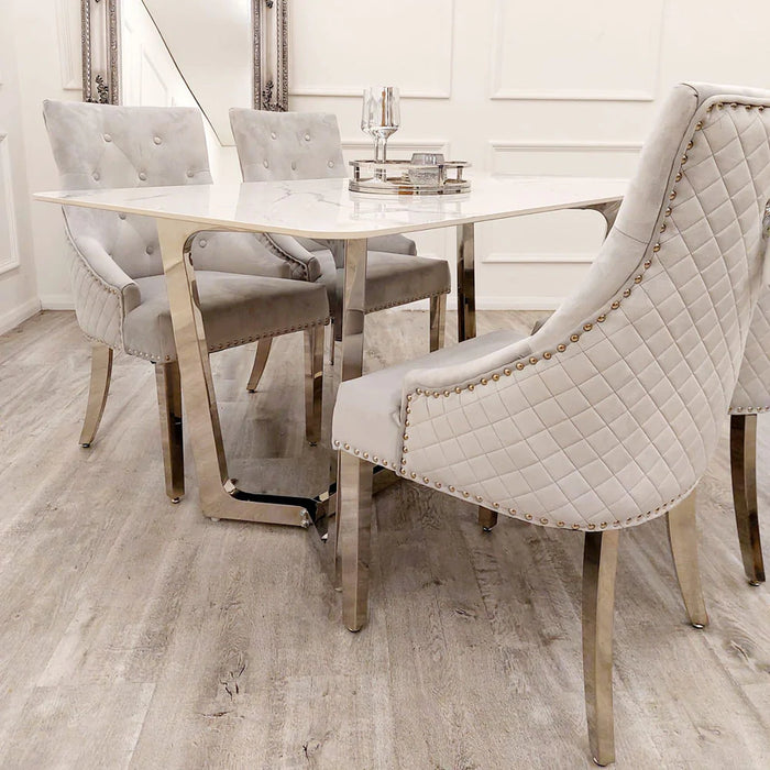Lucian 1.6M sintered Stone Dining Table With Bentley quilted back lion knocker Chairs