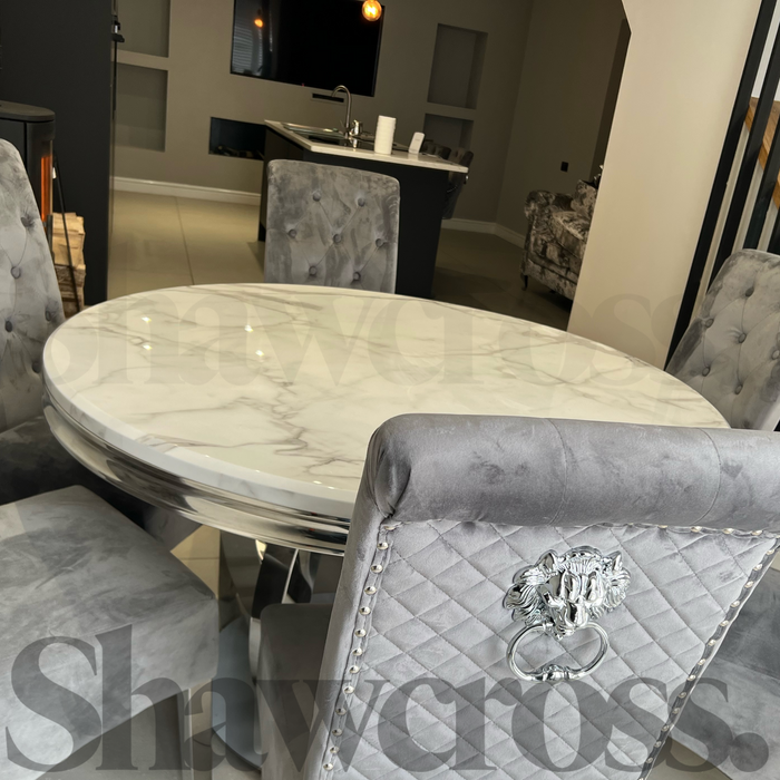 Orien 130Cm Marble Dining Table With 6 Lucia Dark Grey Knocker Chairs