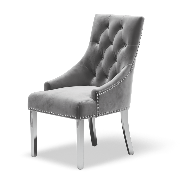 Pair of Cheshire grey velvet knocker dining chairs