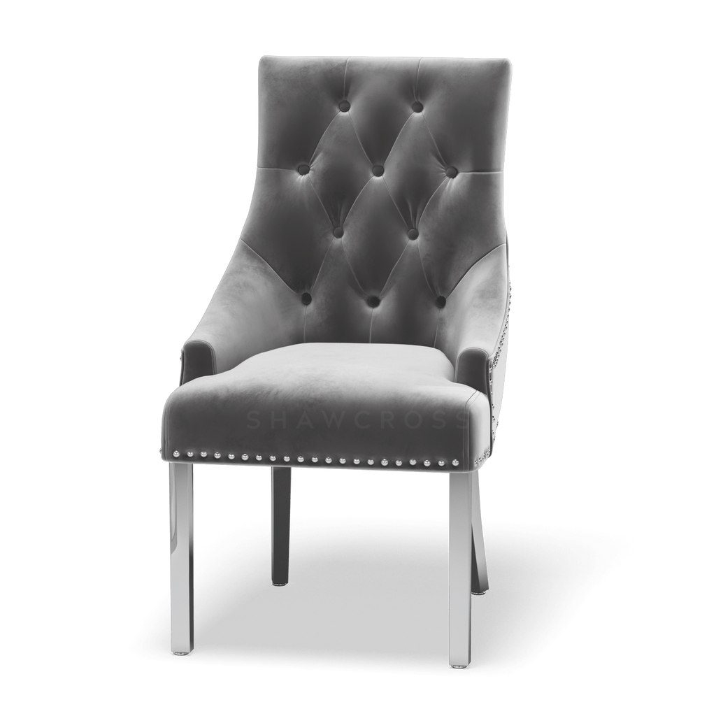 Pair of Cheshire grey velvet knocker dining chairs