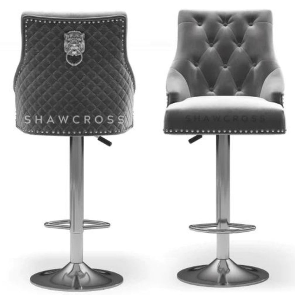 Bentley Quilted Knocker Bar Stool In Grey Velvet