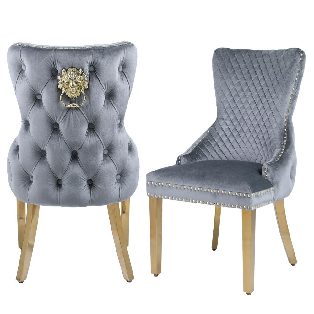 Pair of Victoria grey velvet with gold knocker dining chairs PRE-ORDER