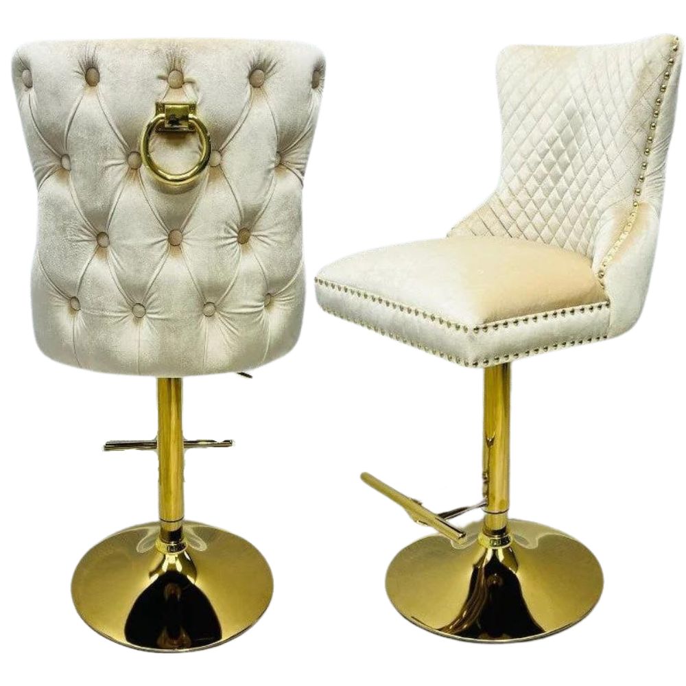 Victoria Bar Stools in Cream Plush Velvet with gold Lion