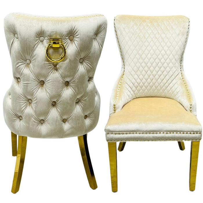 Pair of Victoria cream and gold ring velvet knocker dining chairs