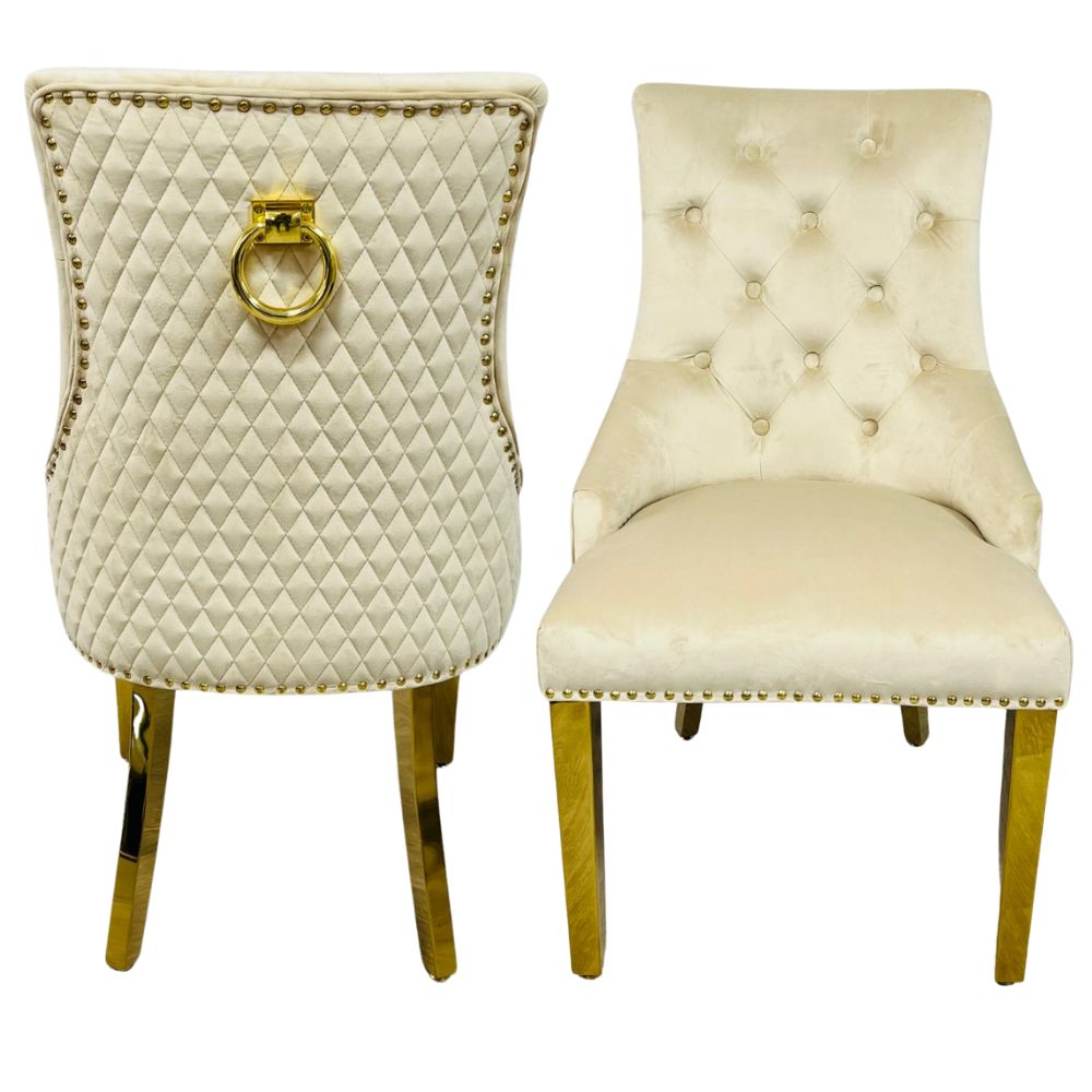 Pair of Bentley cream & gold velvet knocker dining chairs with rings