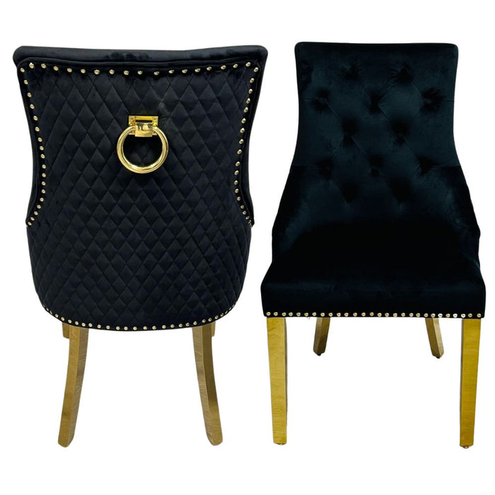 Pair of Bentley black velvet and gold ring knocker dining chairs