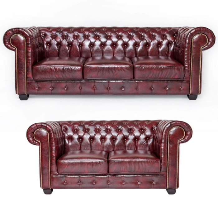 Ox Blood Leather Chesterfield 3 Seater & 2 Seater Sofa Set