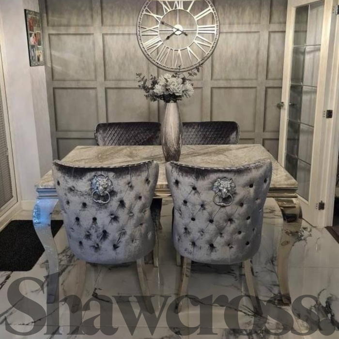 Louis 1.5m Or 1.8m Marble Dining Set With Lewis Lion Dining Chairs (Pewter As Shown)