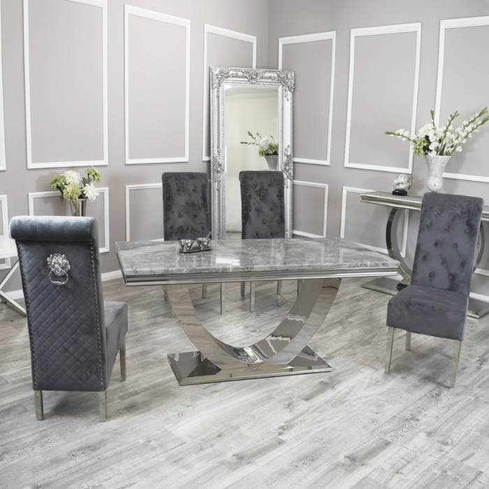 Black Friday 1.8m Denver Marble Dining Set With Lucia Shimmer grey Lion Quilted Back Dining Chairs
