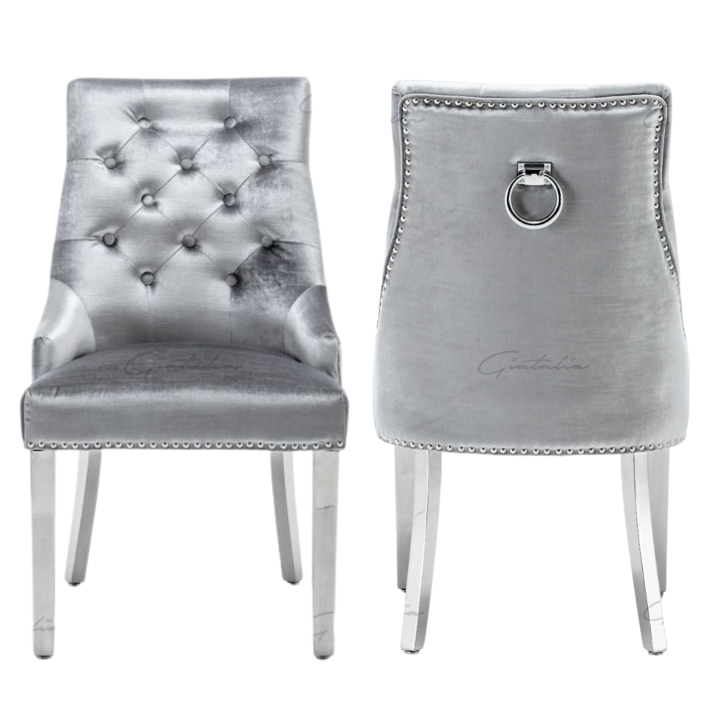 Pair Of Cheshire Luxurious Pewter Velvet Knocker Dining Chairs