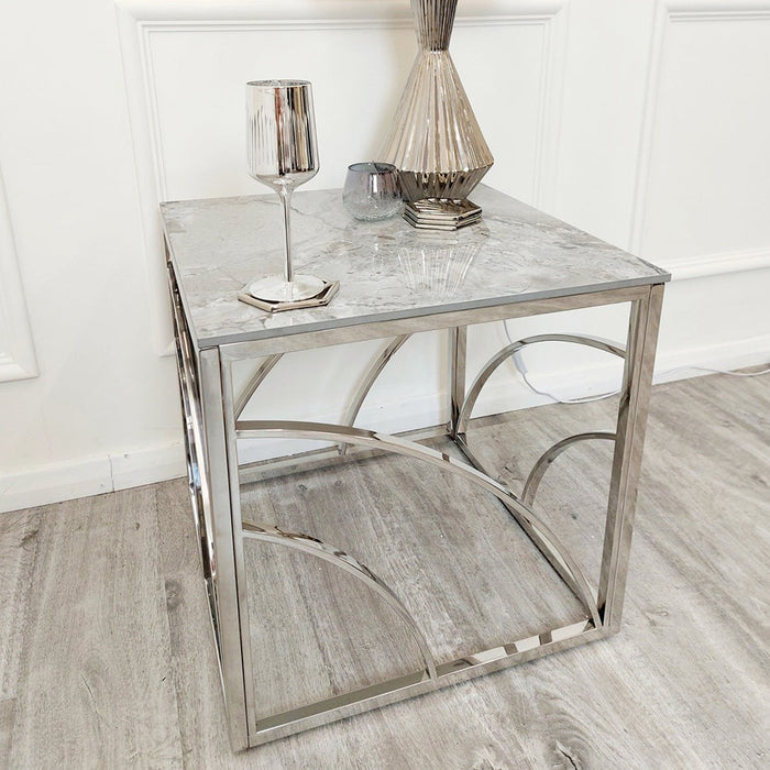Stella Chrome Lamp Table with Stomach Ash Grey Sintered Top