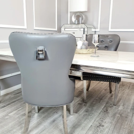 Pair Of Kendal Pu Leather Look Dining Chairs In Light Grey With Square Knocker