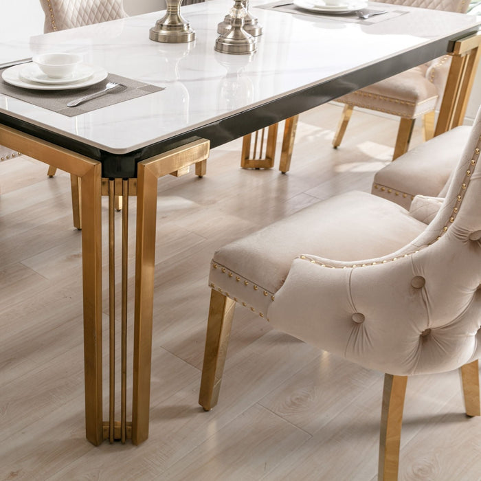 Sorrento Rectangle 1.8m or 1.5m Ceramic white and grey stone with Gold & Cream velvet dining chairs
