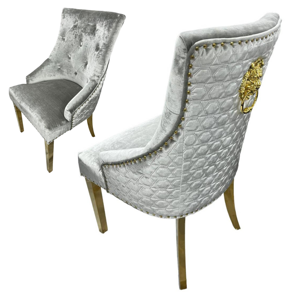 Pair of Roma gold lion knocker stitched back pewter light grey velvet dining chairs