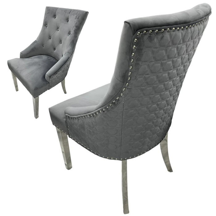 Pair of Roma stitched back dark grey velvet dining chairs without knocker
