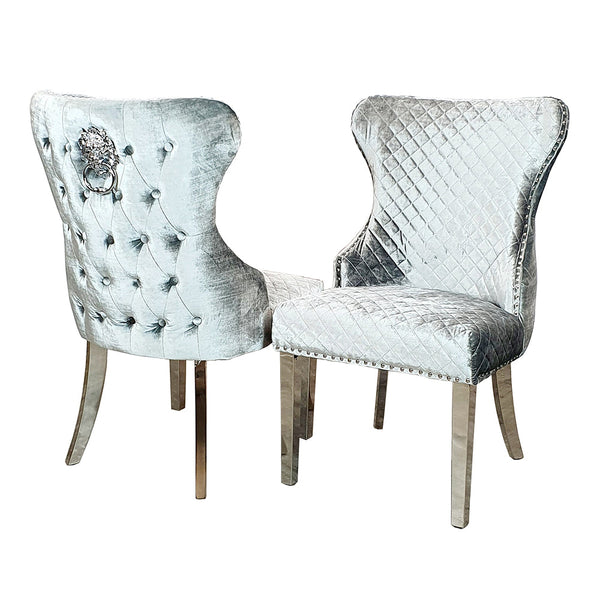 PAIR OF LEWIS BUTTONED BACK DINING CHAIR WITH LIONS HEAD IN SHIMMER PEWTER FABRIC