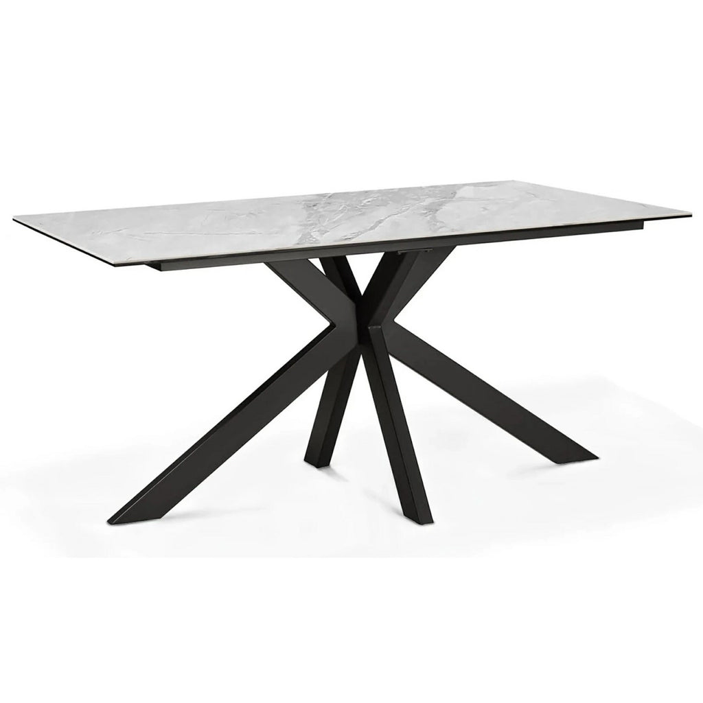 Harlow 140cm light grey with gold specks polished ceramic dining table with black base