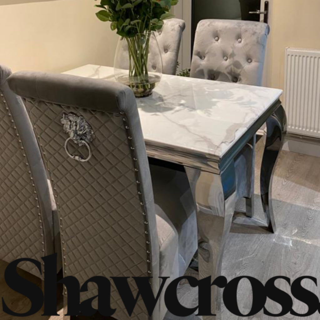 1.2M Louis Marble Dining Table & 4 Plush Light Grey Lucia Velvet Chairs