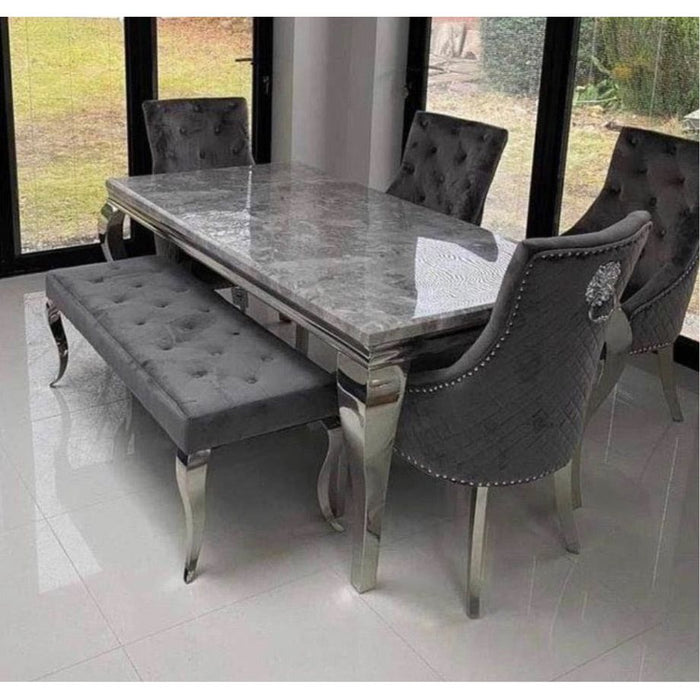 Louis Marble 1.8m Or 1.5m Dining Table With Bentley Knocker Lion Chairs