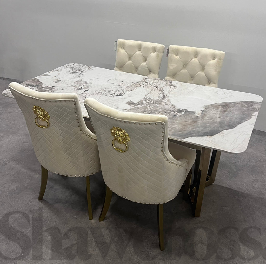 Lucian Gold 1.8m Sintered Stone Dining Table with Bentley Quilted Back Lion Knocker Chairs