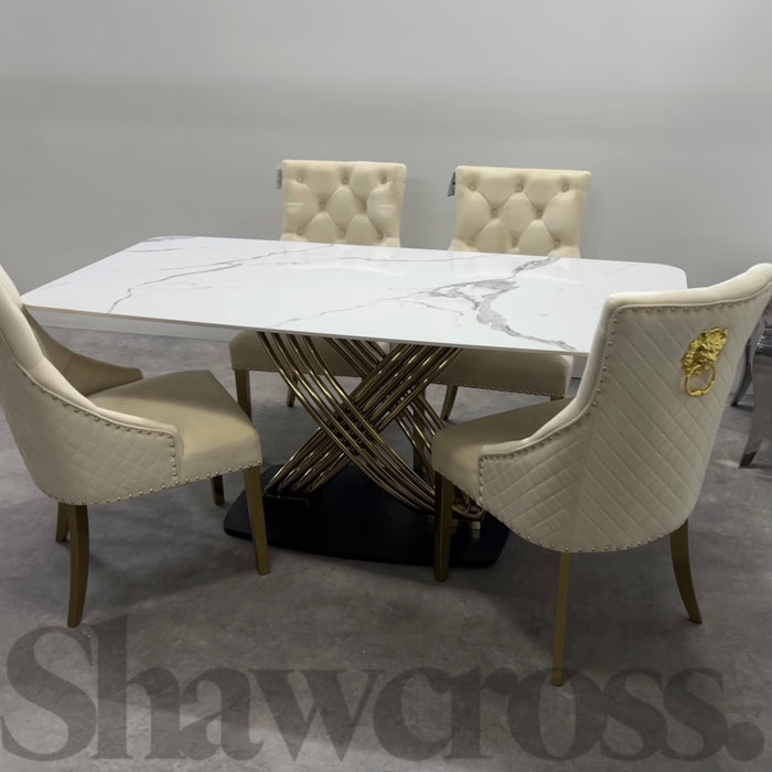 Saturn Gold 1.8m Sintered Stone in White and Grey with Bentley Lion Knocker Dining Chairs
