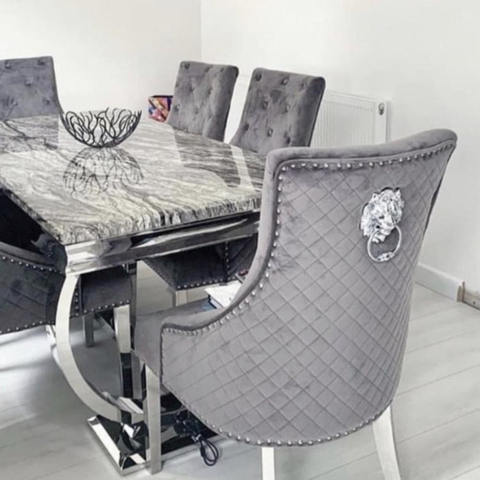 Ariana Marble 1.8M Dining Table With Grey Bentley Quilted Velvet Knocker Chairs