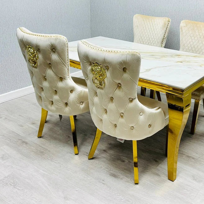 Louis 1.8m or 2 Metre Cream marble with Victoria Lion dining chairs