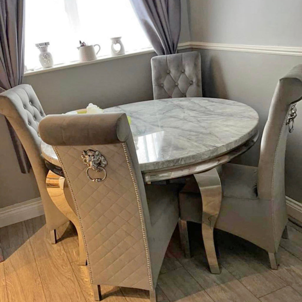 LOUIS ROUND 130CM MARBLE TABLE WITH 4 KNOCKER BACK CHAIRS
