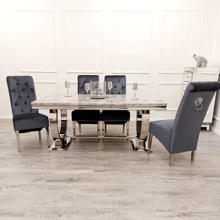 Ariana Marble 1.8M Dining Table With Grey shimmer Lucia Quilted Velvet Knocker Chairs