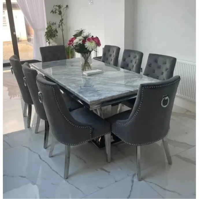 The Arturo 1.8m Marble Dining set with Cheshire Knocker Dining Chairs