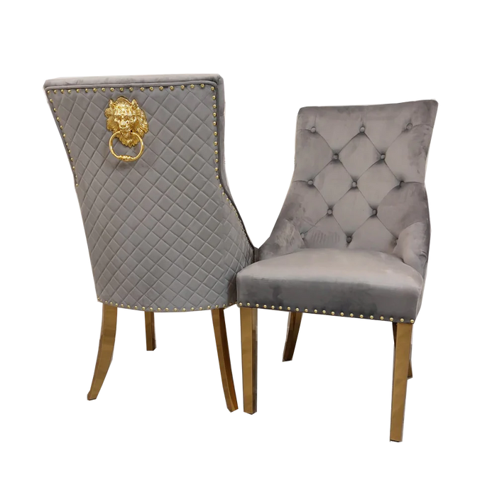 Lucian Gold 1.8m Sintered Stone Dining Table with Bentley Quilted Back Lion Knocker Chairs