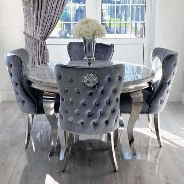 Louis marble 130Cm Round Dining Set With 4 Lewis Button Back Lion Chairs (Pewter As Shown)