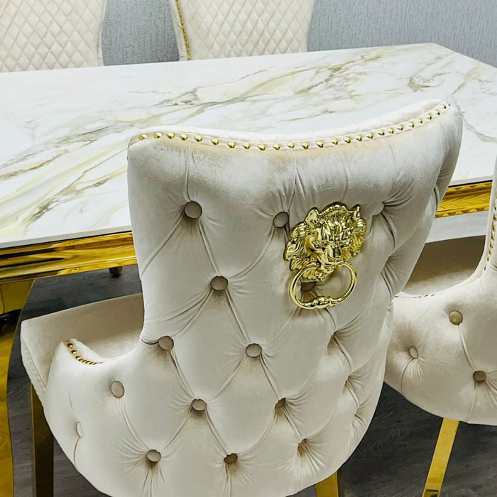 Gold Louis Pandora Stone Top Dining Table with Fabric & Gold Victoria cream Chairs