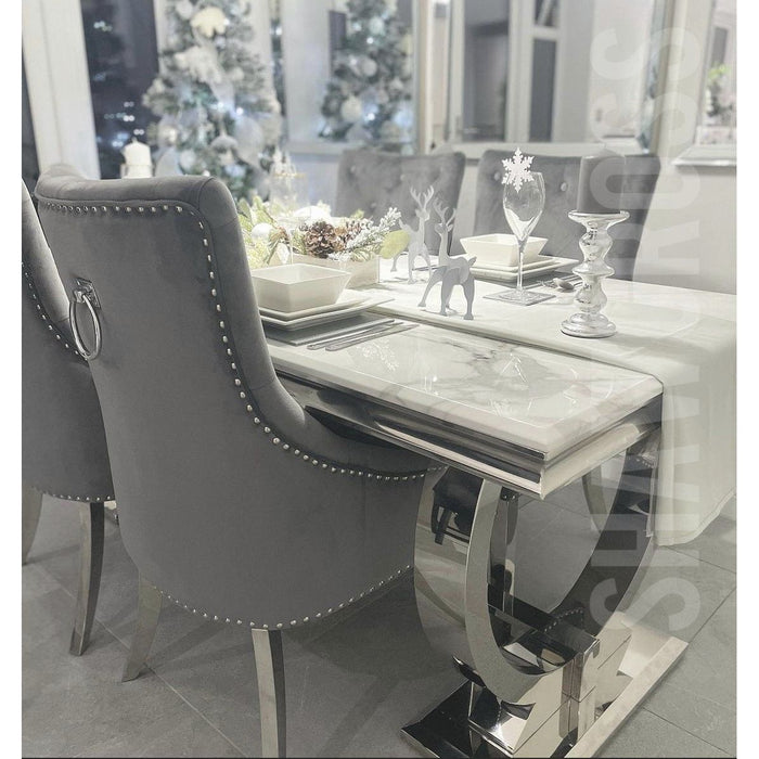 Ariana Marble 1.8m Dining Table And Cheshire Velvet Knocker Dining Chairs Or Bench