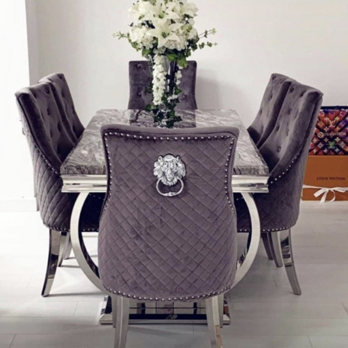 Ariana Marble 1.8M Dining Table With Grey Bentley Quilted Velvet Knocker Chairs