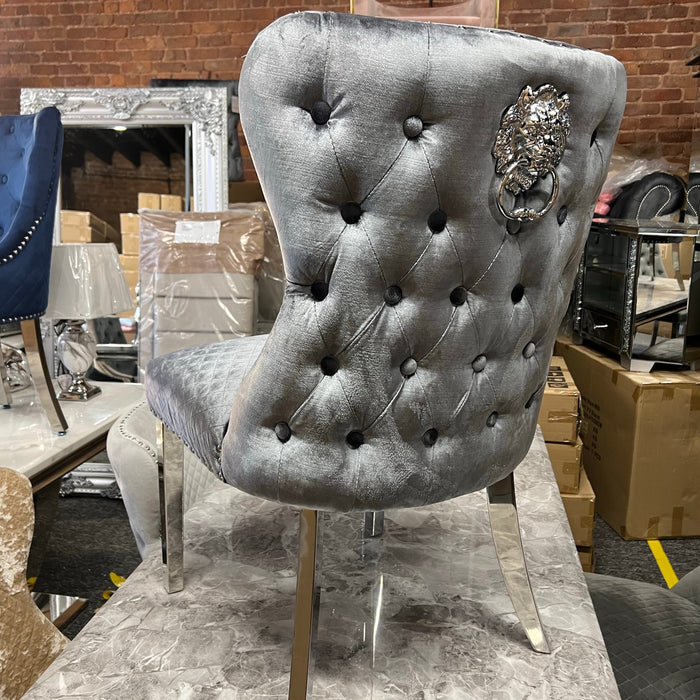 PAIR OF LEWIS BUTTONED BACK DINING CHAIR WITH LIONS HEAD IN SHIMMER PEWTER FABRIC