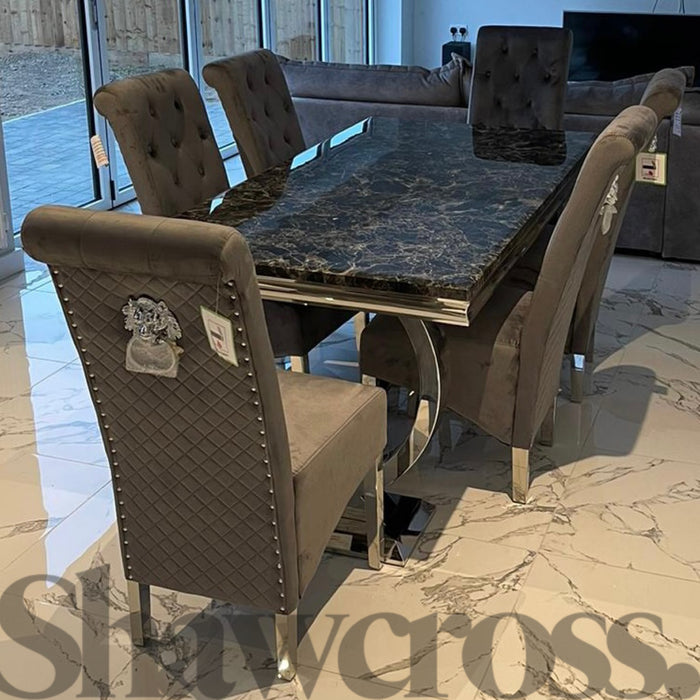 Ariana Marble 1.8M Dining Table With Lucia Quilted Velvet Knocker Chairs