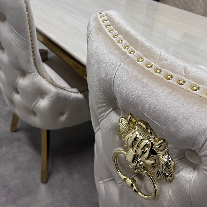 Louis Gold Frame 1.8m or 2 Metre Cream marble with Victoria dining chairs and bench