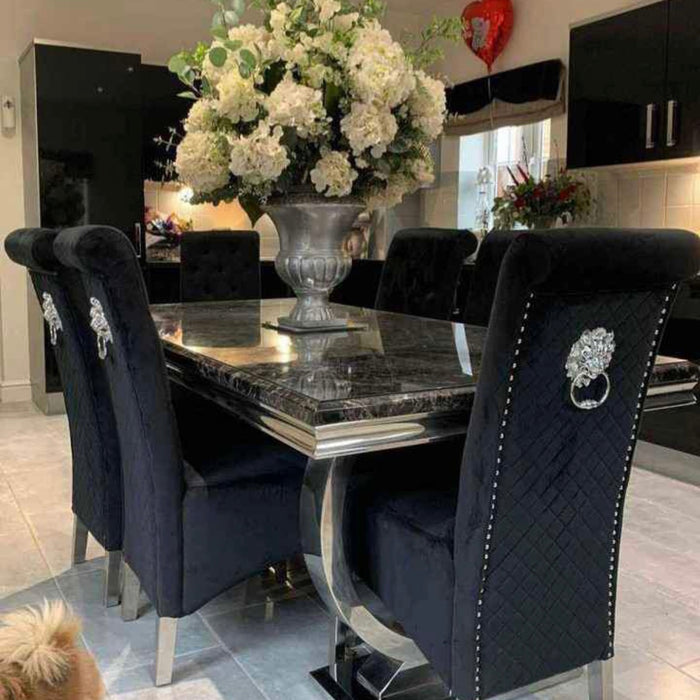 Ariana Black Marble Dining Table With Black Lucia Quilted Velvet