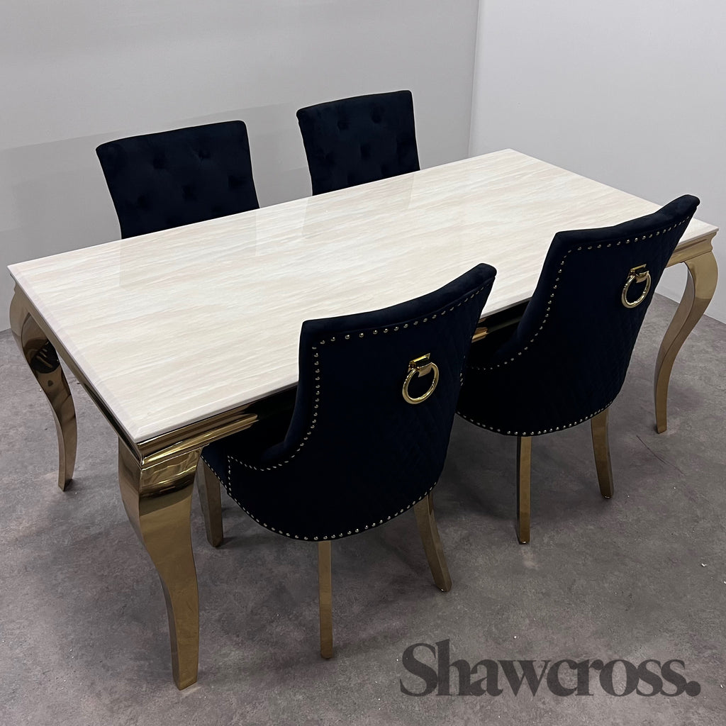 Louis 1.8m or 2 Metre Cream Marble Table with Bentley Gold Dining chairs