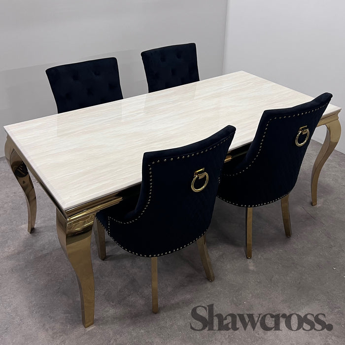 Louis 1.8m or 2 Metre Cream Marble Table with Bentley Gold Dining chairs