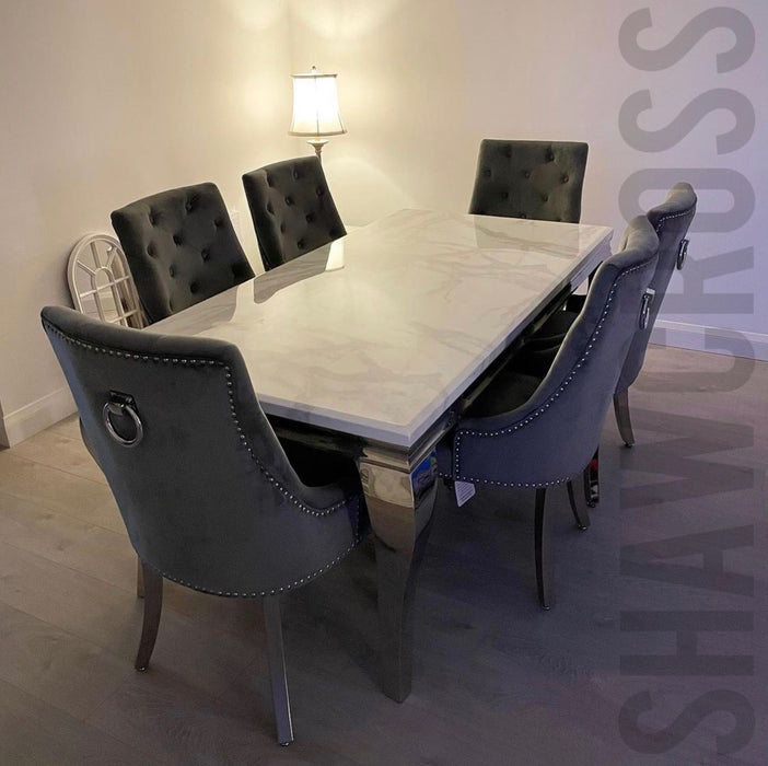 Louis Marble 1.8M Or 1.5M Dining Table And Cheshire Velvet Knocker Chairs