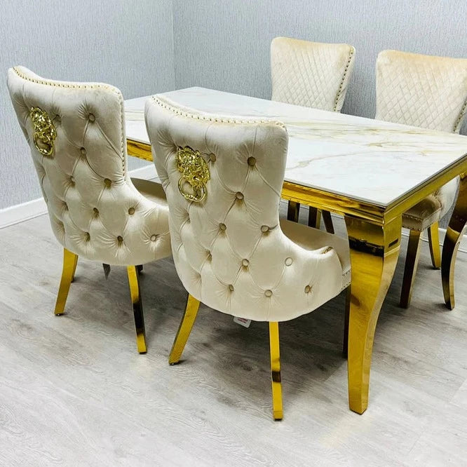 Louis Gold Cream marble with Victoria dining cream velvet chairs