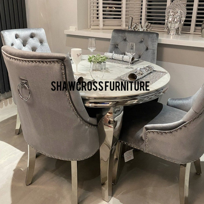 110cm Louis White And Grey Marble Table With 4 Cheshire Knocker Dining Chairs