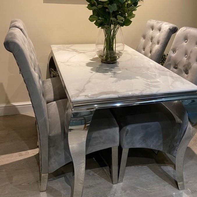 1.2M Louis Marble Dining Table & 4 Plush Light Grey Lucia Velvet Chairs