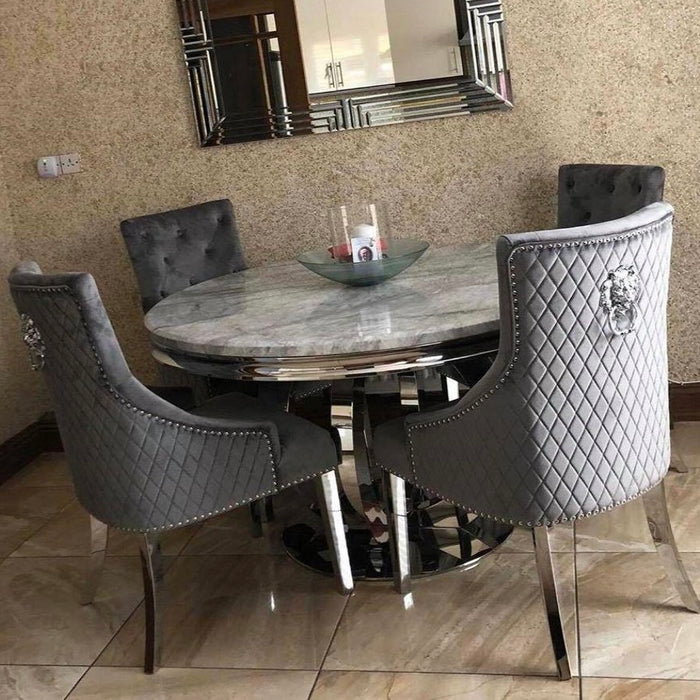 Orien 130Cm Marble Dining Table With 4 Bentley Dark Grey Knocker Chairs