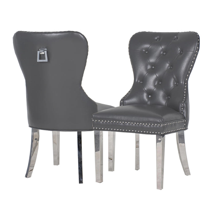 Pair Of Kendal Pu Leather Look Dining Chairs In Dark Grey With Square Knocker