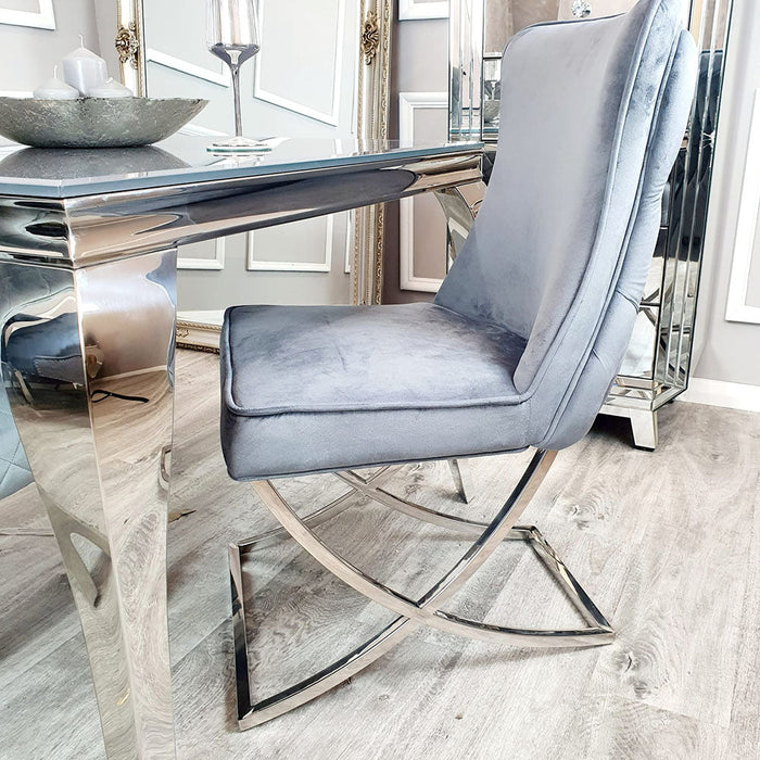 Ariana Dining Set 1.8m Marble Table With Lexy Dining Chairs In Grey Velvet